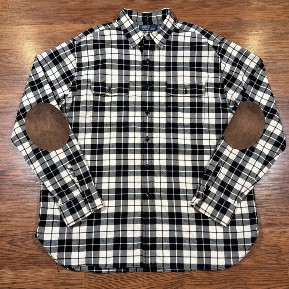 Vintage Polo Ralph Lauren Work Shirt Mens XL Plaid Black Flannel Elbow Patch